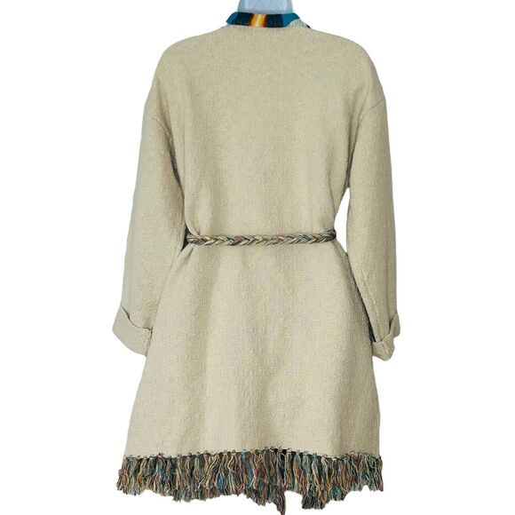 Faherty Cardigan Sweater M/L Beige Native Designed Crow Stripes Fringe Tie - Picture 2 of 7